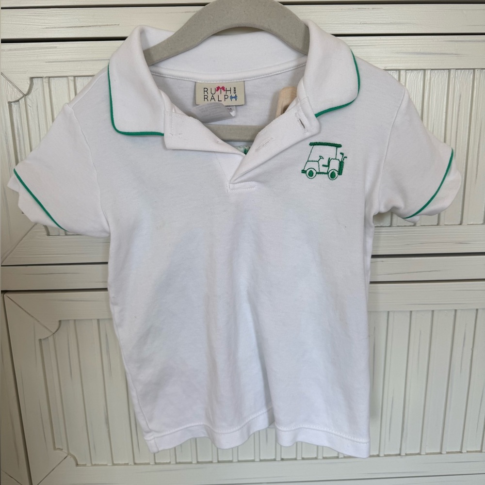 Ruth and Ralph Pima cotton polo shirt set with gold cart embroidery size 3T